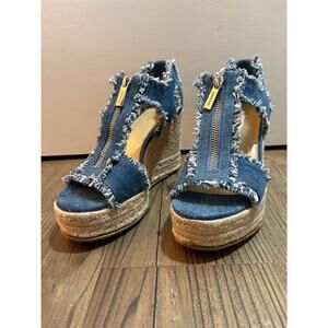 Michael Kors Denim Espadrille Wedges Frayed Zip Sandals